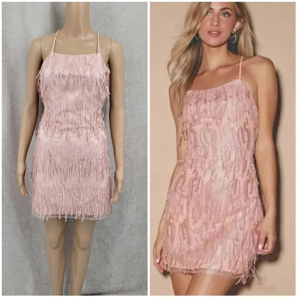 Lulus Making Magic Blush Pink Fringe Lace-Up Mini Dress Women's Size Small